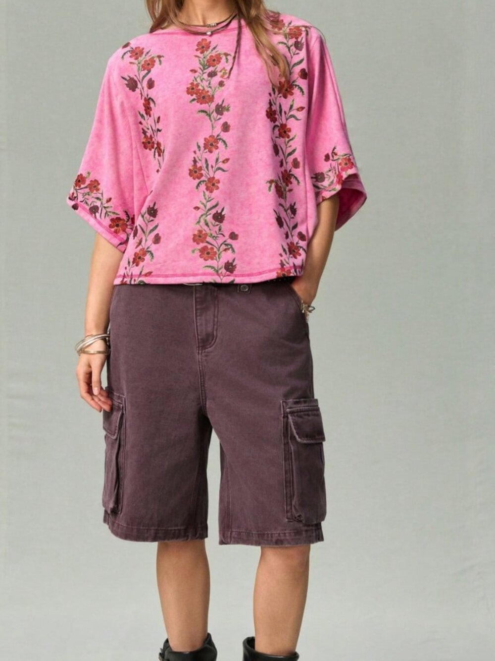 Hot Pink Casual Women's Floral Embroidery Boat Neck Batwing Slim Fit Cotton Top - Picture 5 of 7